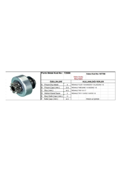 Marş Dişlisi 8 Diş 5 Kanal Valeo Tipi Renault Clıo Kangoo Laguna Megane R9 R11 R12 Freze Az Icte Ds 8 Dkç 23,9 Boy 44 Ks 5 Bdç 11 Gç 46,5 1 Ad