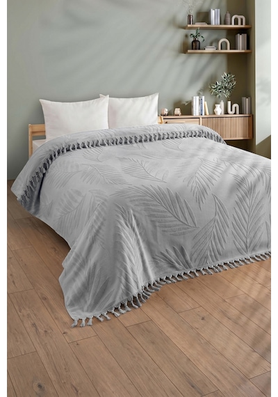 Çift Kişilik Saçaklı Havlu Yatak Örtüsü - %100 Pamuk & Yumuşak & Saçaklı Pike - 200x220 Cm-gri Grı
