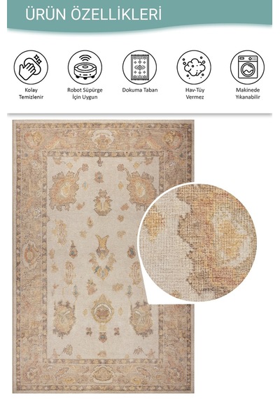 Relic Bej / Sarı Vintage Dokulu Klasik Desenli Dokuma Tabanlı Şönil Halı Al 495 Bej - Sarı