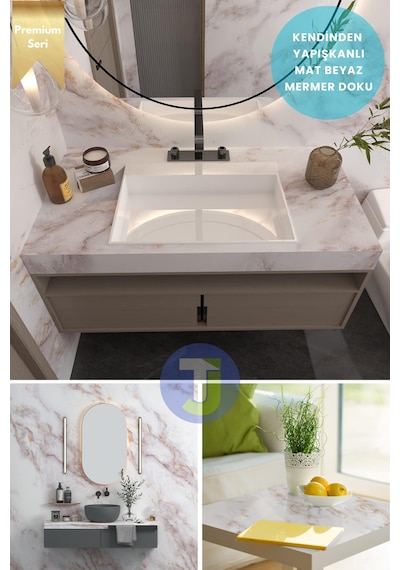 Technojet Kendinden Yapışkanlı Mermer Desen Folyo Mutfak Banyo Tezgah Duvar Kaplama 60cmx100cm Beyaz2