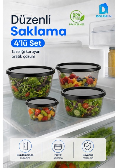 4 Lü Yuvarlak Saklama Kabı Seti 300 Ml 700 Ml 1,1 L 1,75 L Füme Şeffaf Bpa İçermez Siyah