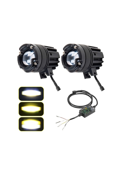Motosiklet Arazi Aracı Sis Farı Seti Beyaz Sarı Projektör 12-24v 3 Mod Fan Soğutmalı Metal Kasa