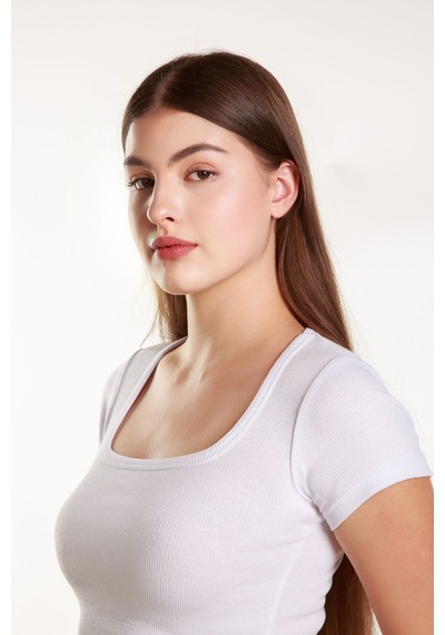 Mea Capio Kadın Fitilli Crop Kare Yaka Fitilli Kısa Kollu T-shirt Atlet Beyaz