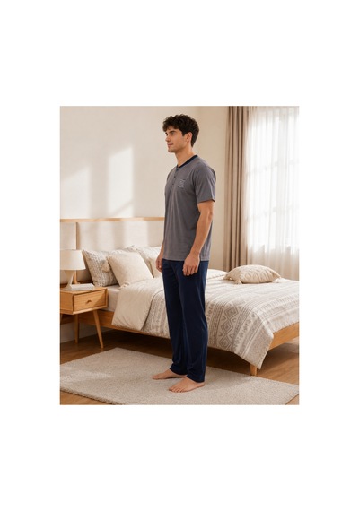 Pijamask Erkek Antrasit Düğmeli Yaka Pamuklu Uzun Alt Pijama Takımı Lacivert Pantolonlu Rahat Ev Giyim Gri Pijamask Erkek Antrasit Düğmeli Yaka Pamuklu Uzun Alt Pijama Takımı Lacivert Pantolonlu Rahat Ev Giyim Gri