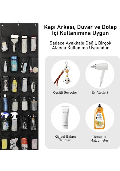 Valkyrie Kapı Arkası Ayakkabı Organizer 24 Gözlü Askılı Dolap İçi Düzenleyici 4 Kancalı Siyah siyah