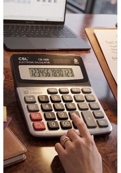 Hesap Makinesi Gri Siyah 11.5x14 Cm 1 Adet Csl Cs-1800 12 Haneli Orta Boy Ofis Büro Masaüstü Hesap Makinası