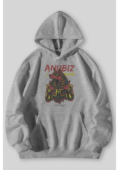 Harmandar Anubiz Rock Baskılı Unisex Siyah Kanguru Cepli Kapüşonlu Sweatshirt Hoodie Gri