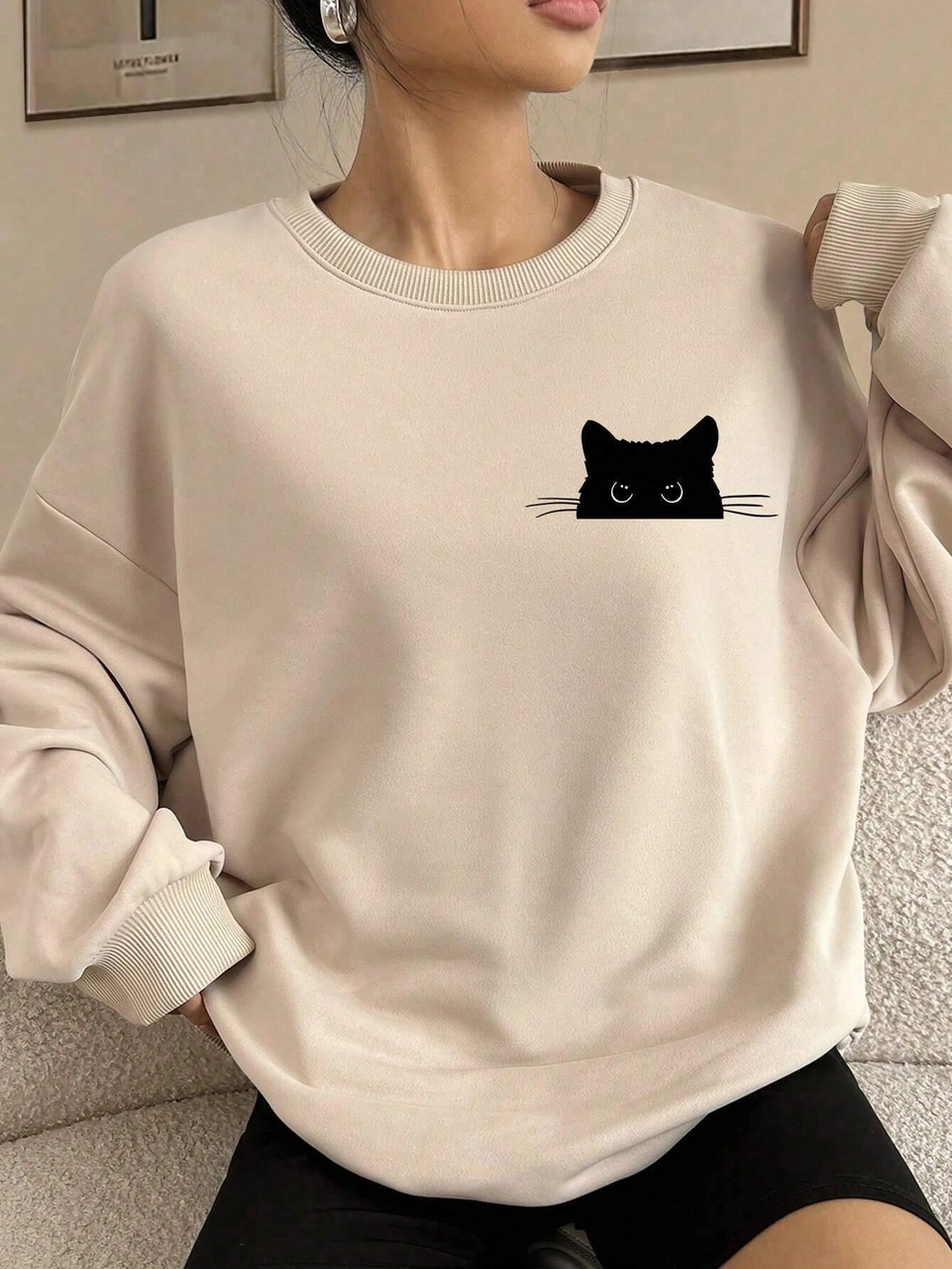 Afri Ekru Oversize Geniş Kalıp 3 İplik Şardonlu Sweatshirt Bisiklet Yaka Kedili Baskılı Kalın Sweat Ekru