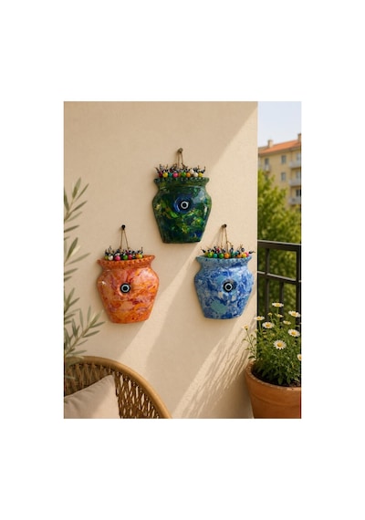 Ebru Desenli Saksı Ev Dekorasyon Duvar Dekorasyon Bahçe Dekorasyon Balkon Dekorasyon Süsü 3 ' Lü Set