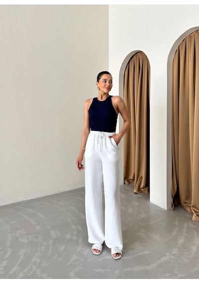 Laluvia Beyaz Beli Lastikli Pamuklu Keten Pantolon Beyaz