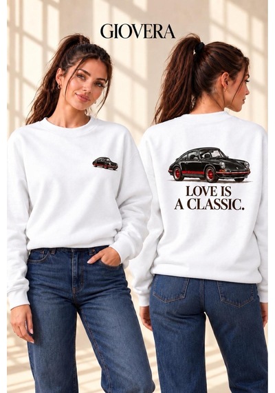 Gıovera Premium Kadın Oversize Sweatshirt %100 Pamuk 3 İplik Şardonlu Klasik Araba Ve Slogan Baskılı Bisiklet Yaka beyaz