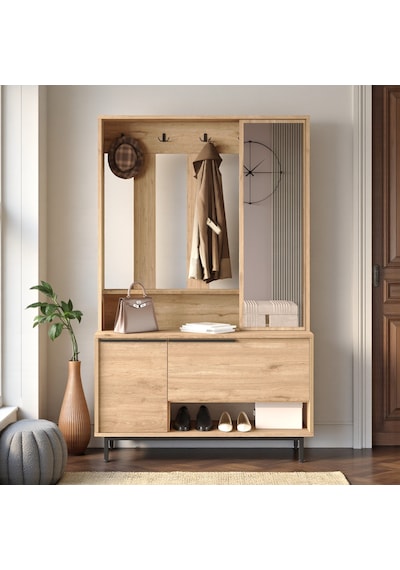 Robin Home Portmanto Vestiyer Ayakkabılık Aynalı Metal Ayaklı Sepet Kahverengi