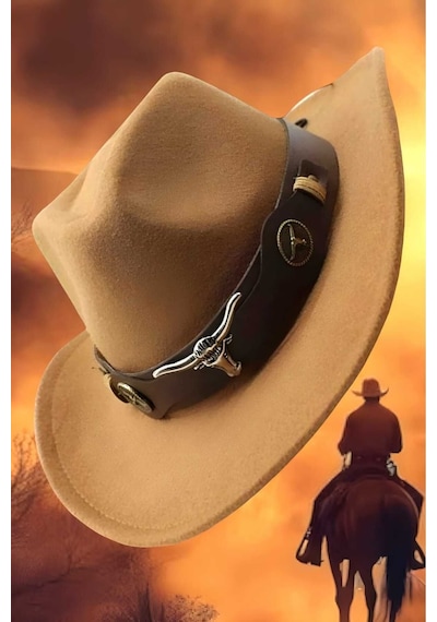 Uniquetrenders Unisex Kovboy Fötr Şapka Kovboy Şapkası Kovboy Şapka Camel