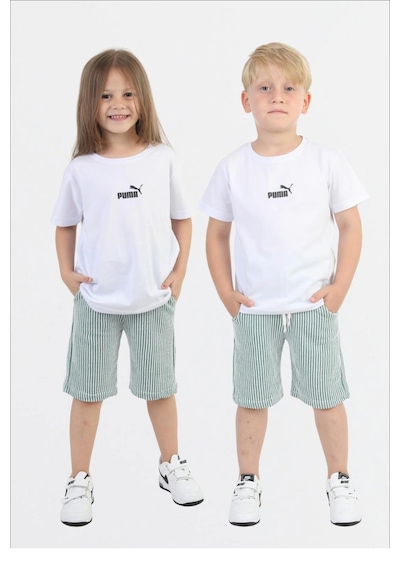 Unisex Çocuk Beyaz Logo Baskılı Tişört Ve Yeşil Çizgili Şort Yazlık İkili Takım Yeşil Unisex Çocuk Beyaz Logo Baskılı Tişört Ve Yeşil Çizgili Şort Yazlık İkili Takım Yeşil