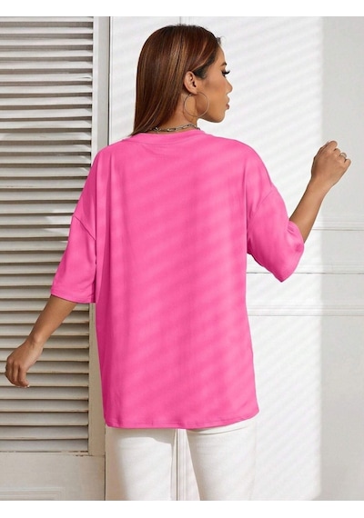 Malibu T-shirt - Pembe Baskılı Oversize Bisiklet Yaka Kısa Kol Tişört Pembe