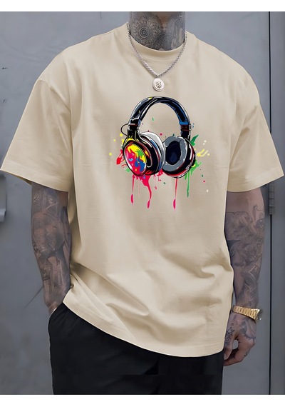 Kulaklık T-shirt - Baskılı Oversize Bisiklet Yaka Kısa Kol Tişört Bej