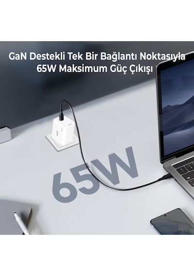 Bix BX1P65G GaN 65W Led Göstergeli Hızlı Şarj Cihazı Beyaz