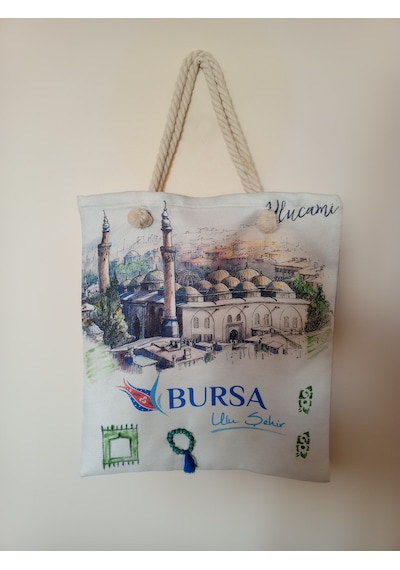 El Yapımı Şehir İsimli Bez Çanta Krem.karışık Renkli Desenli