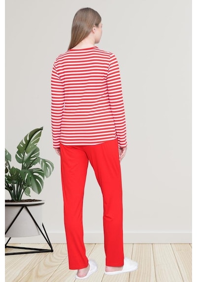 Mecit Pijama Mecit 6201 Kırmızı Çizgili Büyük Beden Kadın Pijama Takımı Kırmızı