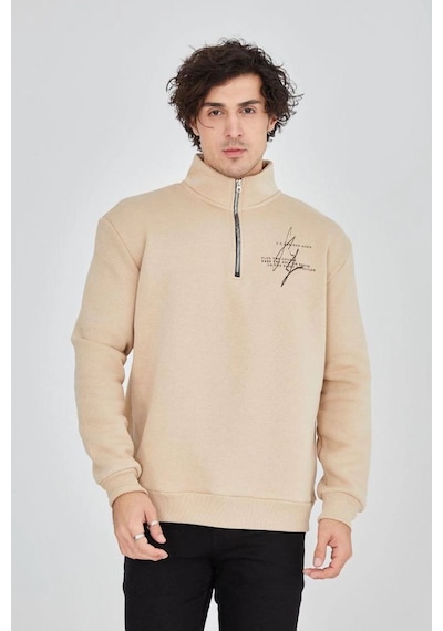 Erkek Yarım Fermuarlı Baskılı 3 İplik Pamuklu Sweatshirt - Bej