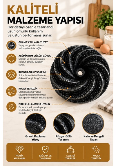 Kochler Rüzgar Gülü 26 Cm Granit Kaplamalı Alüminyum Döküm Kek Kalıbı Siyah