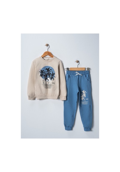 Veramoni Tropical Baskılı Uzun Kollu Lastikli Bel Cepli Unisex Çocuk Alt Üst Takım Mavi