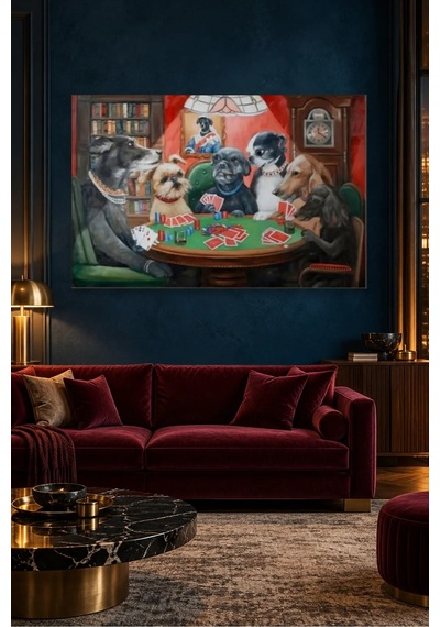 Fida Kütüphanede Poker Oynayan Köpekler Canvas Tablo Çok Renkli