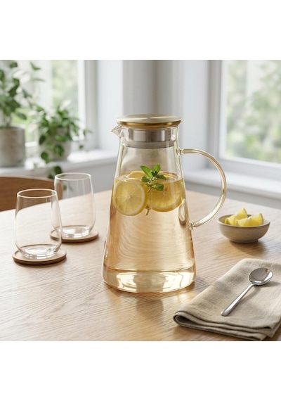 Deconox Borosilikat Cam Sürahi 1.9 Litre - Isıya Dayanıklı, Gold Renk Luster Boyalı Ve Paslanmaz Çelik Süzgeçli