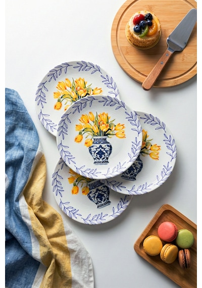 Grandora Vazo Ve Çiçek Desenli 6 Adet, 20 Cm Modern Pasta Tatlı Tabağı Seti Şık Kahvaltılık Tabak Sarı