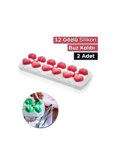 2 Adet 12 Gözlü Kalpli Silikon Kalpli Buzluk Kalıbı Kapaklı