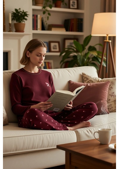Benerly Kadın Uzun Kollu Kayık Yaka Regular Kalıp Waffle Örme Pijama Takı bordo