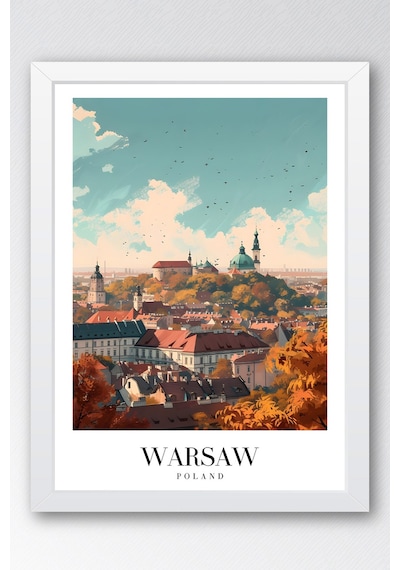 Warsaw Poland Vintage Seyahat Posteri Çerçeveli Tablo - Premium Varşova Elit Duvar Dekoru Beyaz