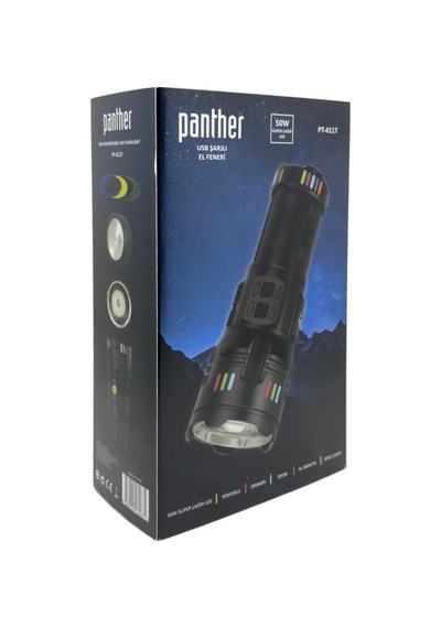Panther 50w Lazer Led El Feneri 6000 Lümen Usb Type-c Şarjlı Zoomlu 4x18650 Profesyonel Pt-4117 Siyah
