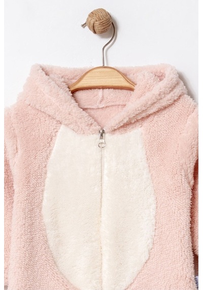 Unisex Bebek Kapüşonlu Tavşan Desenli Peluş Tulum Bej