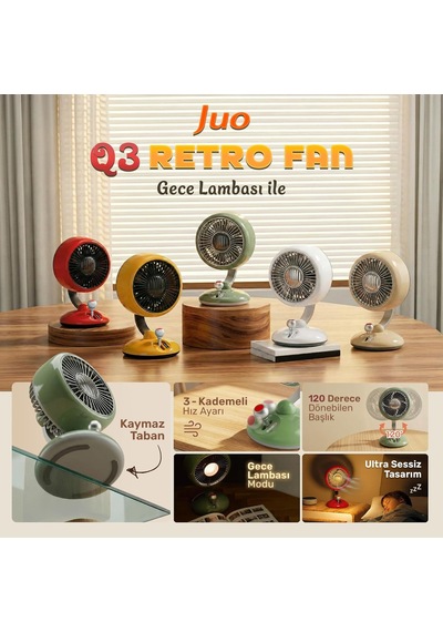 Q3 120 Salınımlı 3 Kademeli Led Işıklı Şarjlı Masaüstü Fan Vantilatör Retro Beyaz