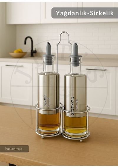 2 Li Set Yağdanlık Takımı Paslanmaz Yağlık Sirkeli Çelik 300 Ml Metalik Gri