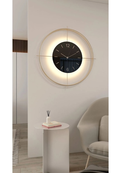 MetaQuartz Aksesuar (Büyük Boy-55*55 cm)Gold Deluxe Ledli Pilli - Siyah Göbek - Modern Dekoratif Metal D Gold