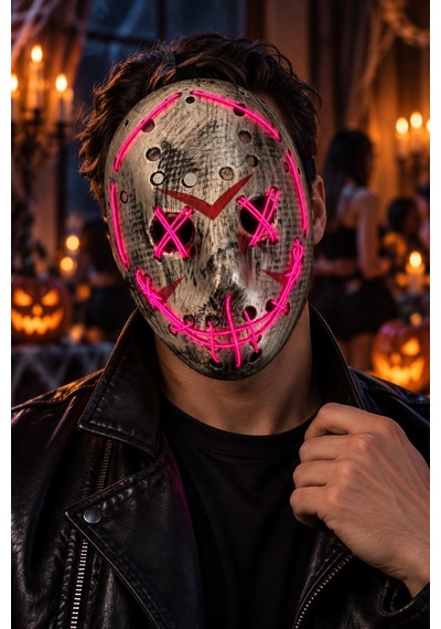 Halloween Cadılar Bayramı Purge Tarzı Fuşya Işıklı Korku Maskesi 25 Cm Çarpı Gözlü Dikili Ağız