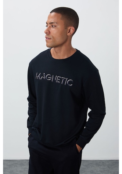 Tommy Life Lacivert Yazı Nakışlı O Yaka Rahat Form İçi Polarlı Erkek Sweatshirt - 88020 Lacivert