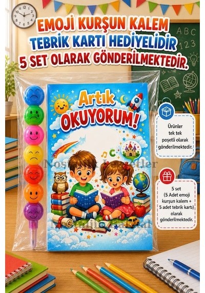 5 Set Yeni Okumayı Öğrenen Öğrencilere Hediye Artık Okuyorum Yazılı 1. Sınıf Hatırası Emoji Kurşun Kalem Tebrik Kartı Hediyeli