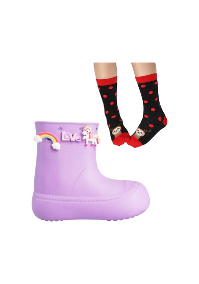 Lila Kız Çocuk Yağmur Botu & Çorap Set Lila