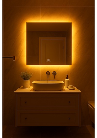 Digital Hayat Dokunmatik Dimlenebilir Amber Led Işıklı Kare Ayna Dekoratif Banyo Makyaj Aynası Koyu Sarı Koyu Sarı