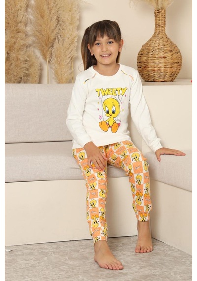 Miniğimin Cicileri Sevimli Civciv Baskılı Kız Çocuk Pijama Ta... Beyaz