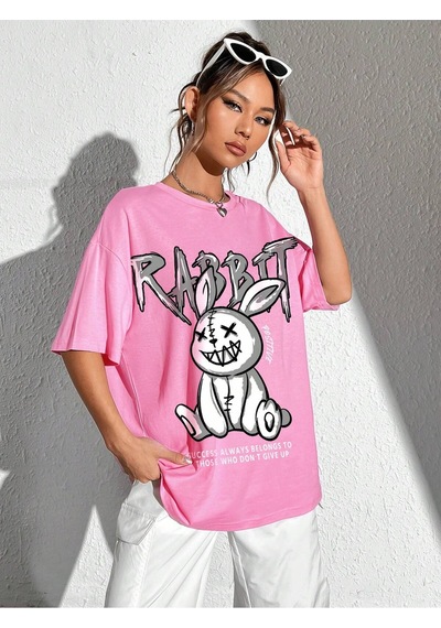 Noıssey Karikatür Ve Grafik Tasarım Oversize T-shirt Cartoon/letter Serisi Kod38 Pembe
