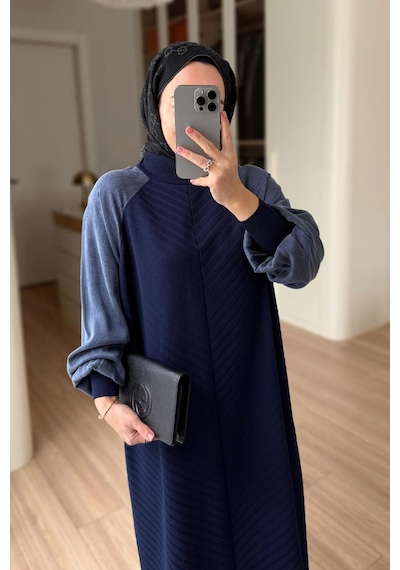 Kahijab Kendinden Desenli Yarım Balıkçı Merserize Elbise - Lacivert