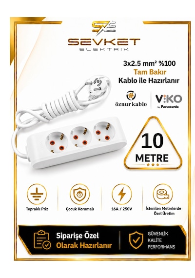 Viko 3'lü Grup Priz 10 Metre Beyaz 3x2,5 Kalın Kablolu Uzatma Kablosu 10 M