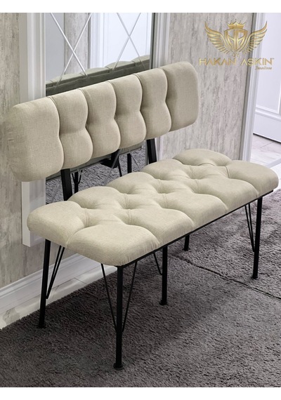 By Hakan Aşkın Siyah Metal Ayaklı Metal Alt Kasalı Keten Krem New 2024 Sırtlı Bench Bank Krem Keten