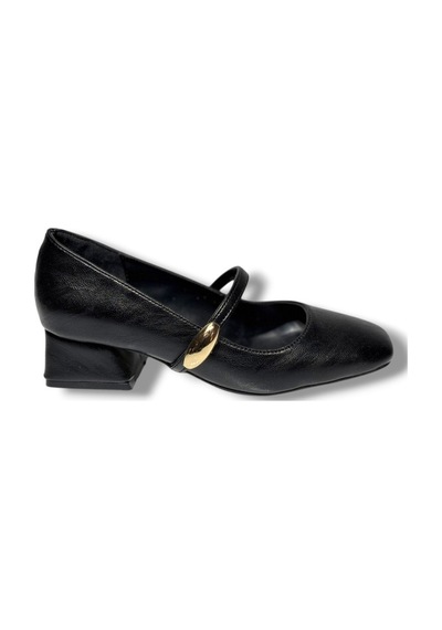 Cshoes 175-26 Cilt Deri Bantlı Kısa Kare Topuklu Kadın Ayakkabı Siyah