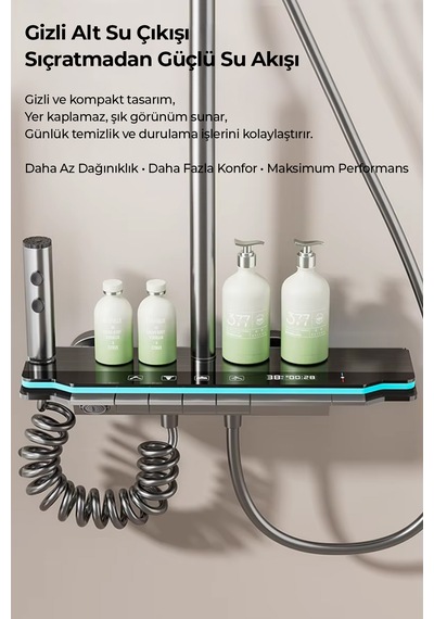 Robo A80015 Yeni Nesil Ambiyans Işıklı Led Göstergeli Dijital Duş Sistemi Gri