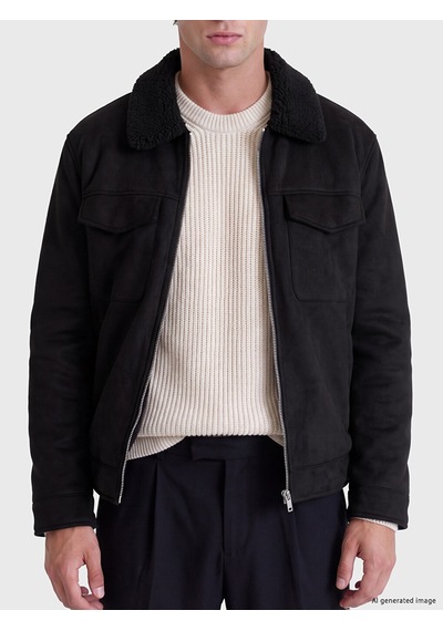 LC Waikiki Lc Waıkıkı Siyah Regular Fit Kürk Yaka Süet Erkek Mont